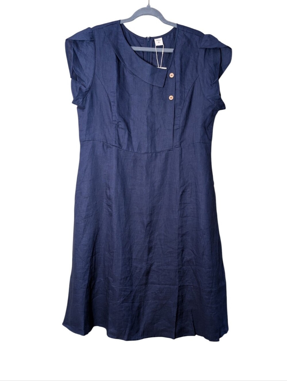 nwt Lintico Fiona Navy Blue Linen Crescent Collar Flutter Sleeve Midi Dress XL